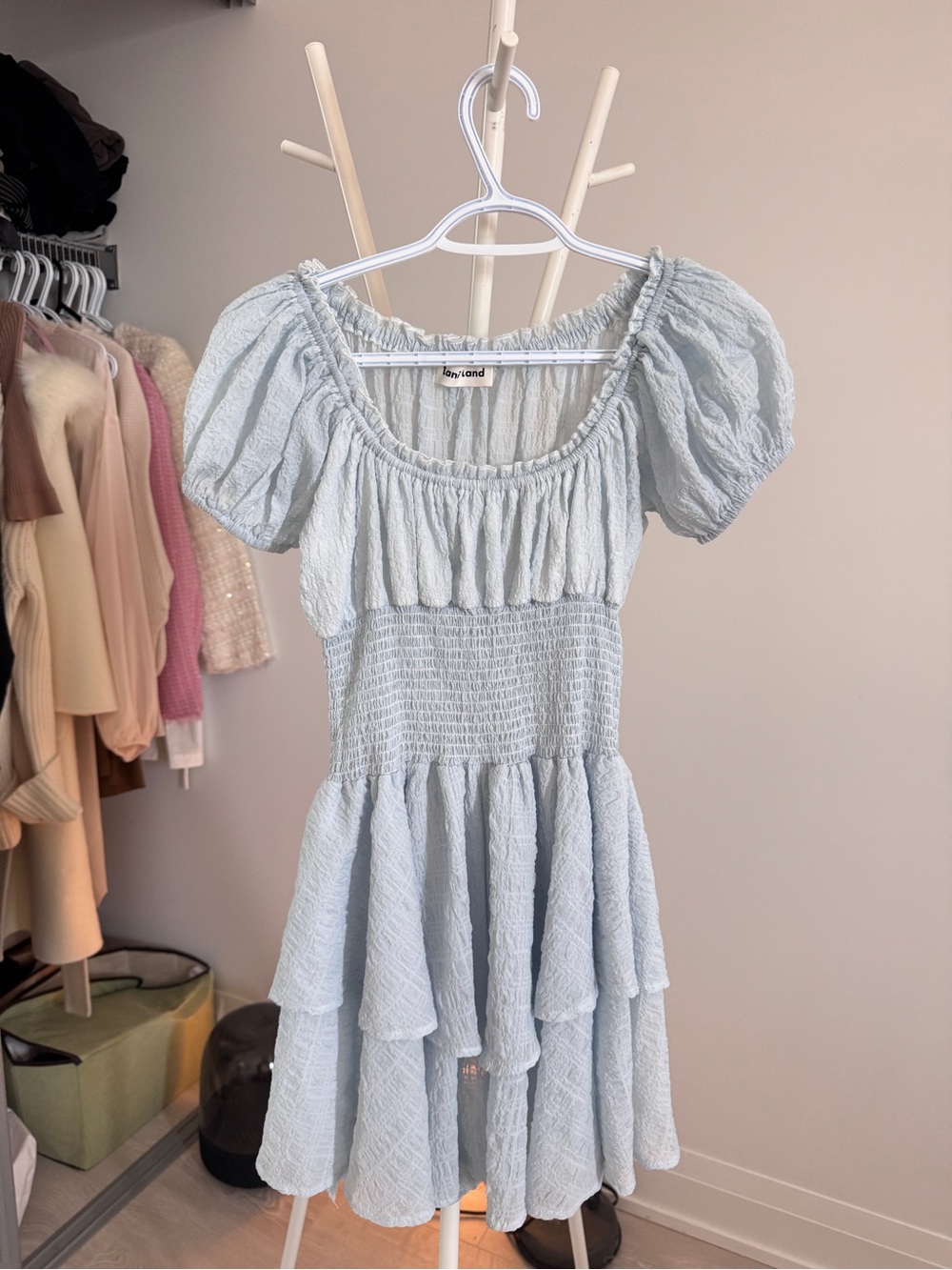 Light Blue Puff Sleeve Smocked Tiered Mini Dress